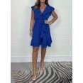 thumbnail image 6 of Women's V Neck Ruffle Sleeve Wrap Mini Dress Waist Tie Sundress Blue L, 6 of 7