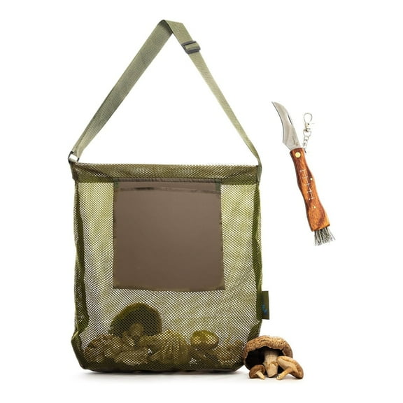 Mushroom Foraging Kit, Mushroom Bag & Mushroom Knife with Brush, Portable Wild Mushroom/ Foraging Bag, Picking Bag,1 x Mushroom Bag 1 x Mushroom Knife,Gray Green