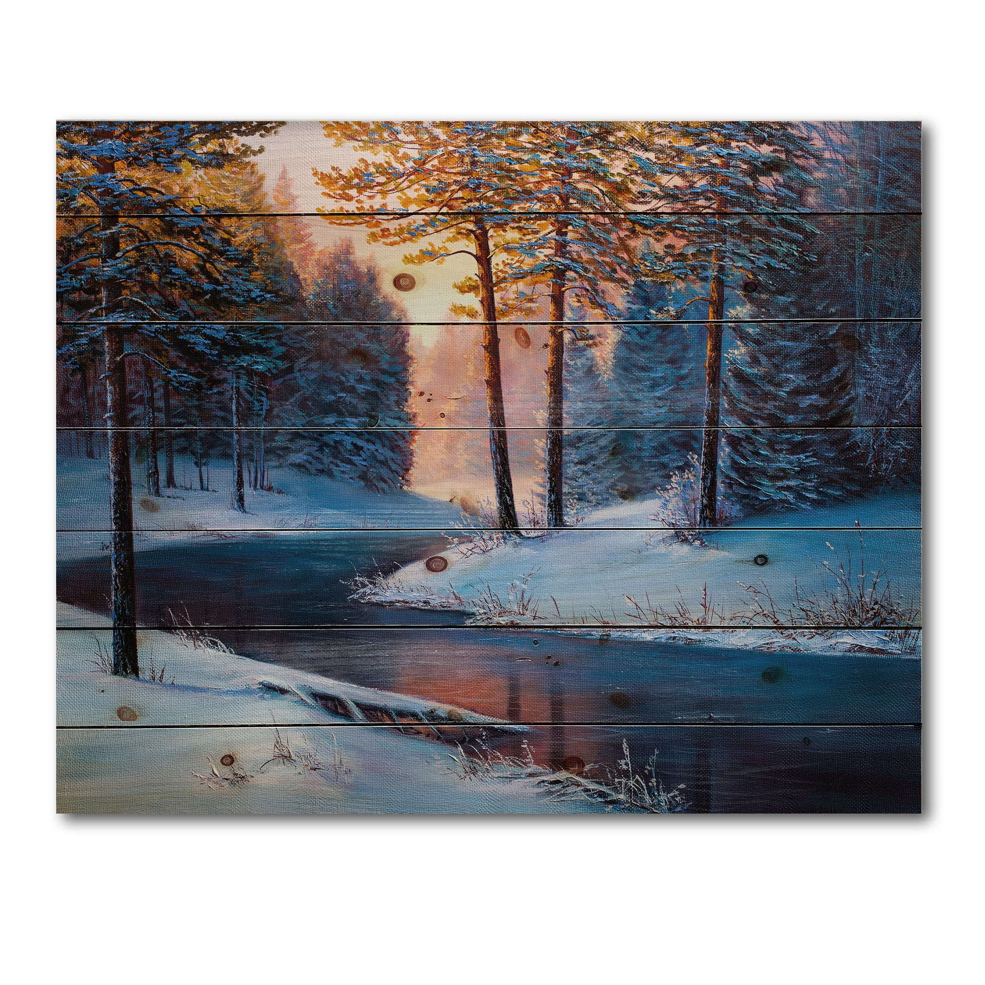 Designart 'Morning Glow Through The Christmas Forest By The River' Lake House Print on Natural Pine Wood