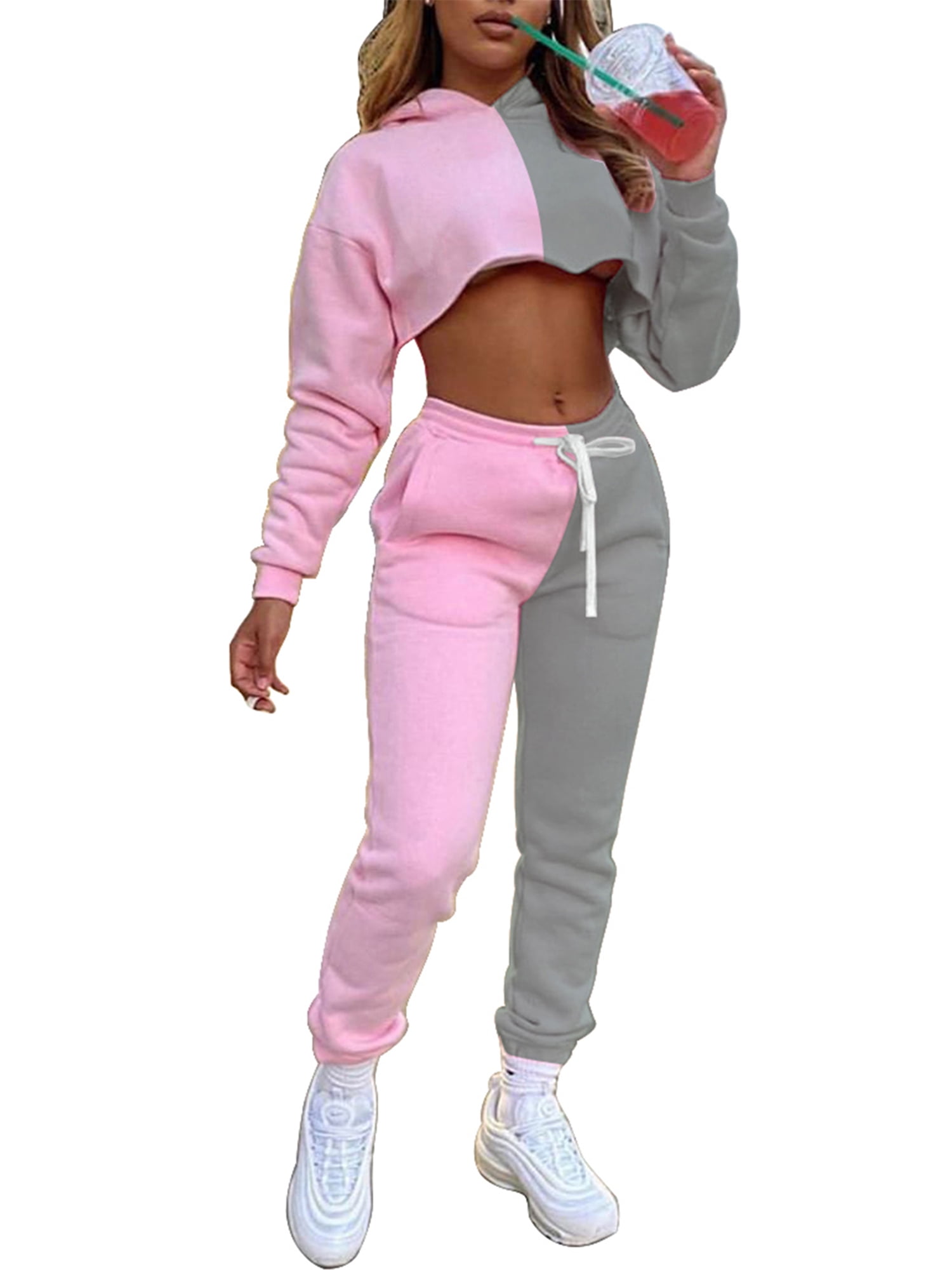 Women Casual 2 Piece Tracksuit Set Color Block Crop Tops Bodycon Long Pants Joggers Clubwear Sportswear Set 