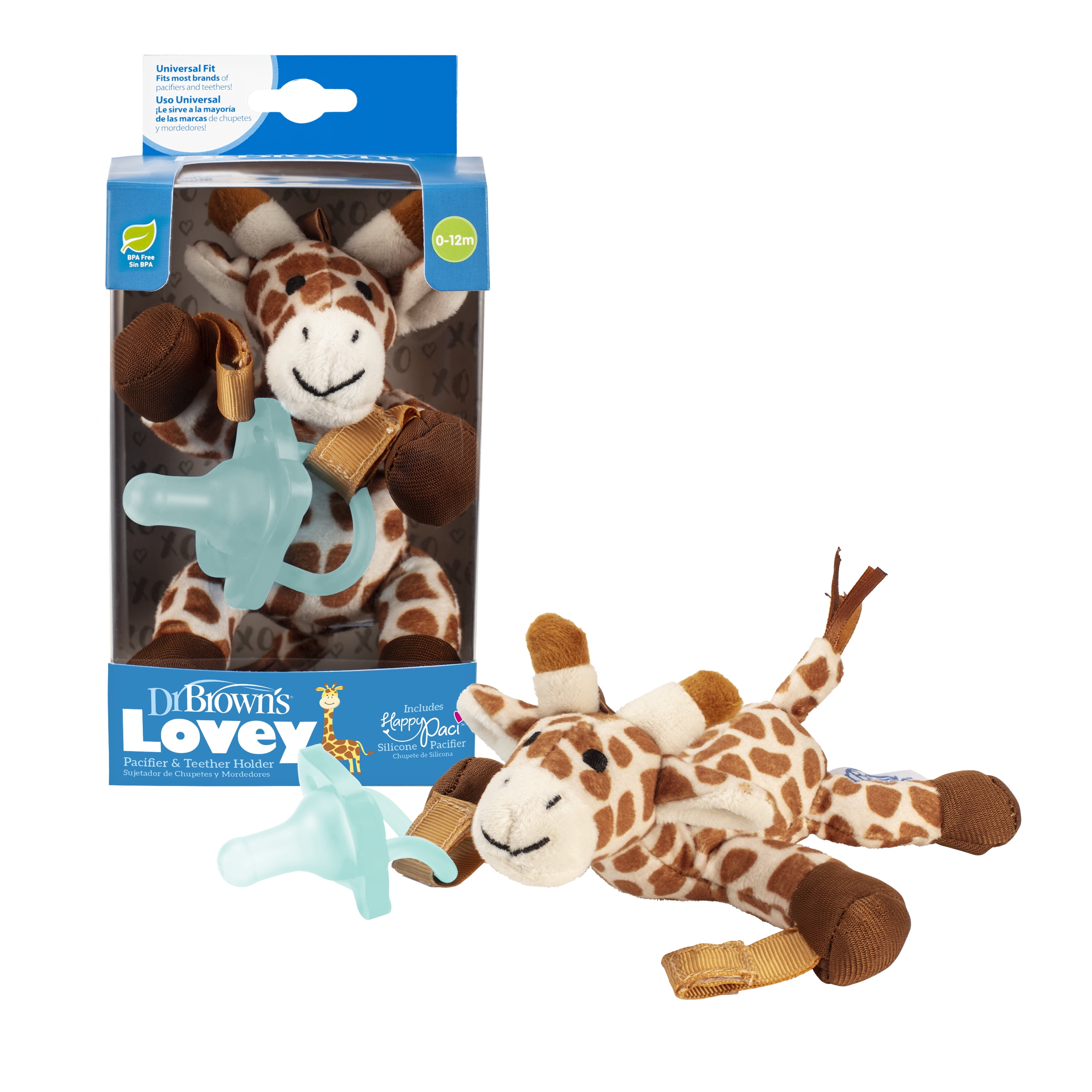 Dr. Brown’s Lovey Pacifier and Teether Holder with HappyPaci Silicone Baby Pacifier - Giraffe - 0-6m