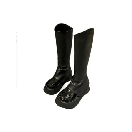 

Tenmix Womens Tall Bootie V-cut Fashion Boot Platform Mid Heel Boots High Calf Booties Party Non-slip Slip Resistant Winter Shoes Plush Black 5.5