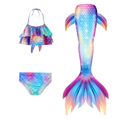 Girls Swimsuits 10-12 Sea Maiden Tails Rainbow Printed Bathing Suit Ruffle Bikini Tops Shorts Tails 3 Piece Swimwear Outfits X03 Hot Pink 12-13 Years