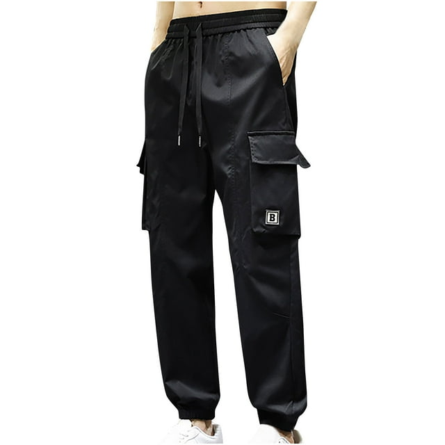 Dagugfen Mens Cargo Pants Drawstring High Waist Baggy Solid Color Lightweight Jogger Sports Trousers Pockets
