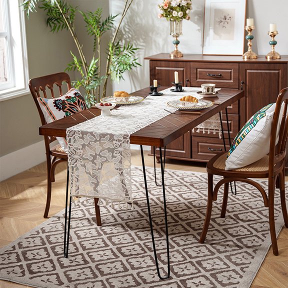 NIUBWJL Beige Lace Table Runner Boho Table Runner Vintage Rustic Cloth Runners for Living Room Home Dinning Table Decorations (14x87 inch,Tassel Included)