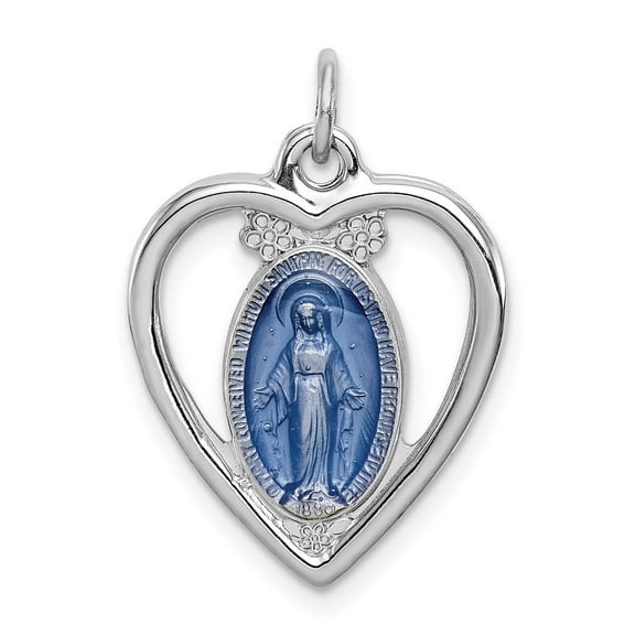 Sterling Silver Heart Virgin Mary Pendant with Blue Enamel, Miraculous Medal Necklace for Women, Catholic Religious Jewelry for Faith and Protection