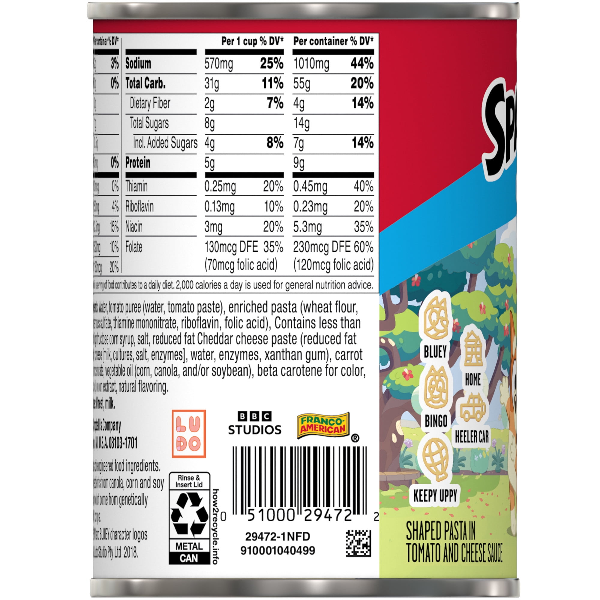 (12 pack) SpaghettiOs Original Bluey Shapes Canned Pasta, 15.8 oz Can
