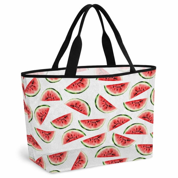 Red Watermelon Beach Bag for Women, Large Breathable Mesh Beach Tote Bag, Summer Fruit Tropical Watercolor White Sandproof Lightweight Travel Bags for Vacation Picnic Swimming Pool 15.7"x15.7"x9.1"