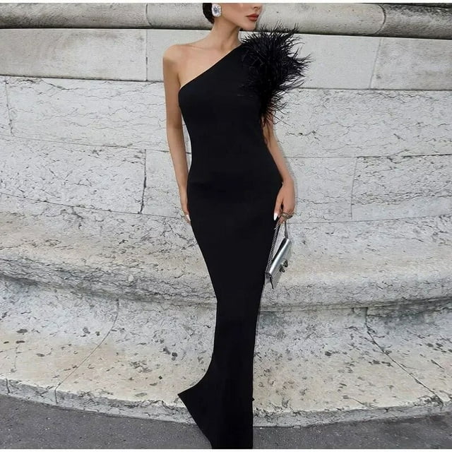 Robe Patchwork à Plumes pour Femmes 2024 Nouvelle Mode Élégante Sans Manches Robe Vintage Unie Ajustée Col Diagonal Robes de Soirée