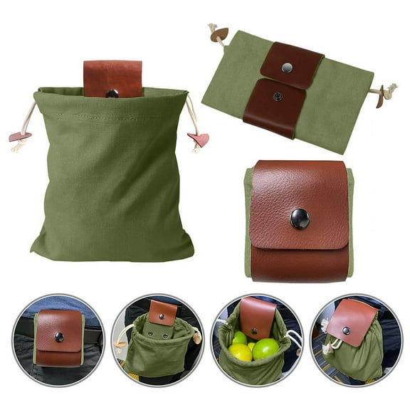 GARENAS Foldable Canvas Belt Bag Collapsible Foraging Bag Leather Foraging Pouch Bags for Travel Camping Hiking Bag(Green)