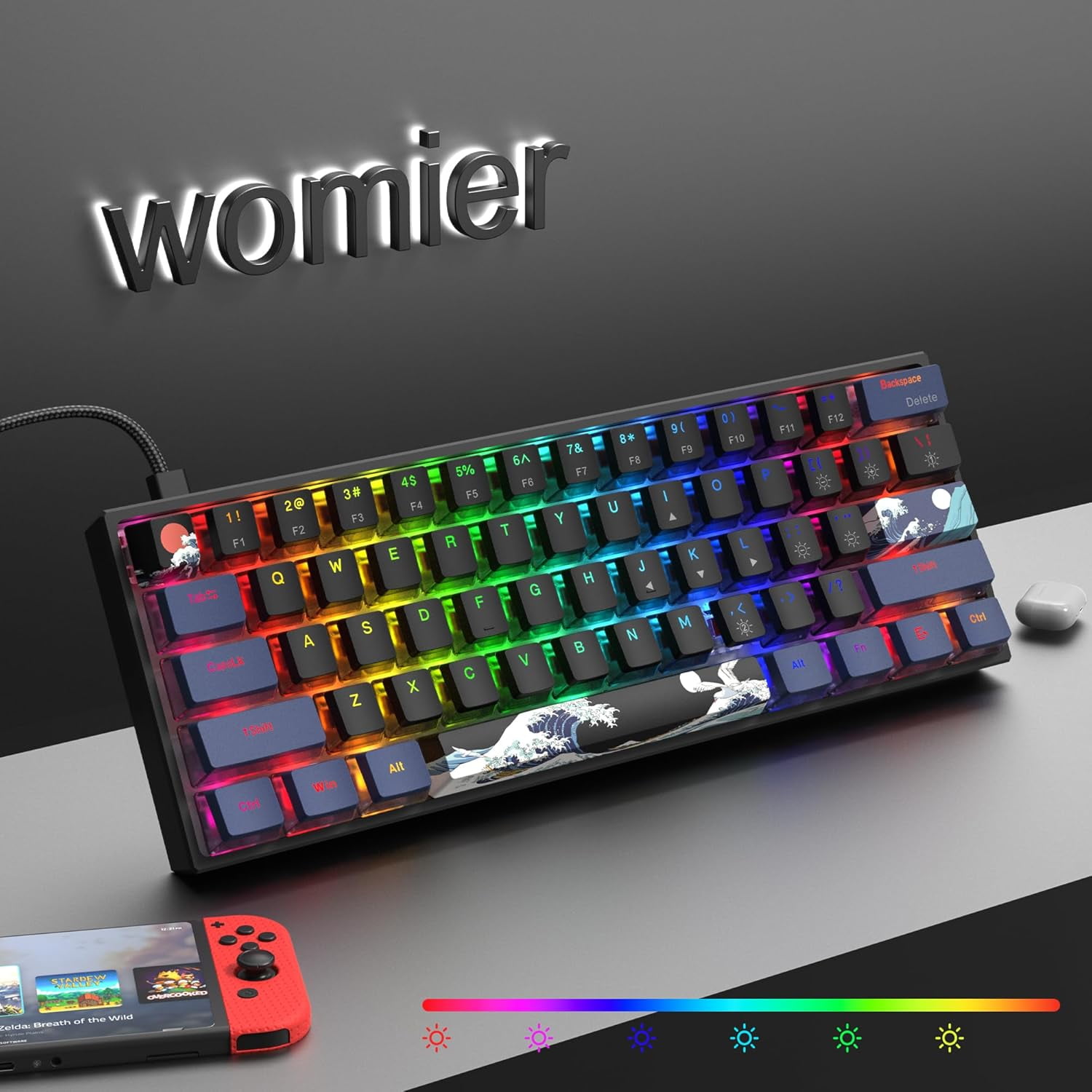 WK61 Wired Gaming Keyboard, 60% Percent RGB Backlit Mechanical Keyboard Gasket Mount with PBT Keycaps, Compact 61 Keys Hot Swappable Cream Switch, for Windows Laptop PC Mac, Black