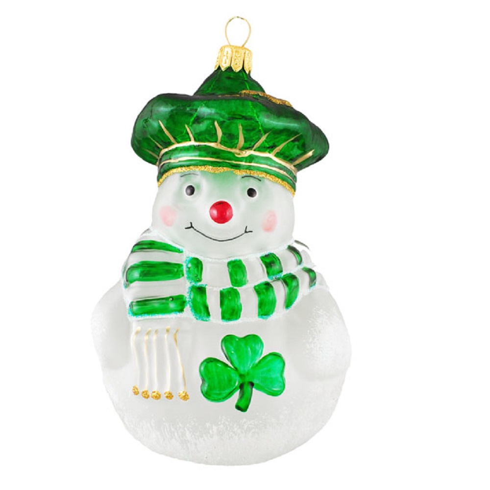 Irish Snowman with Shamrock Polish Glass Christmas Tree Ornament