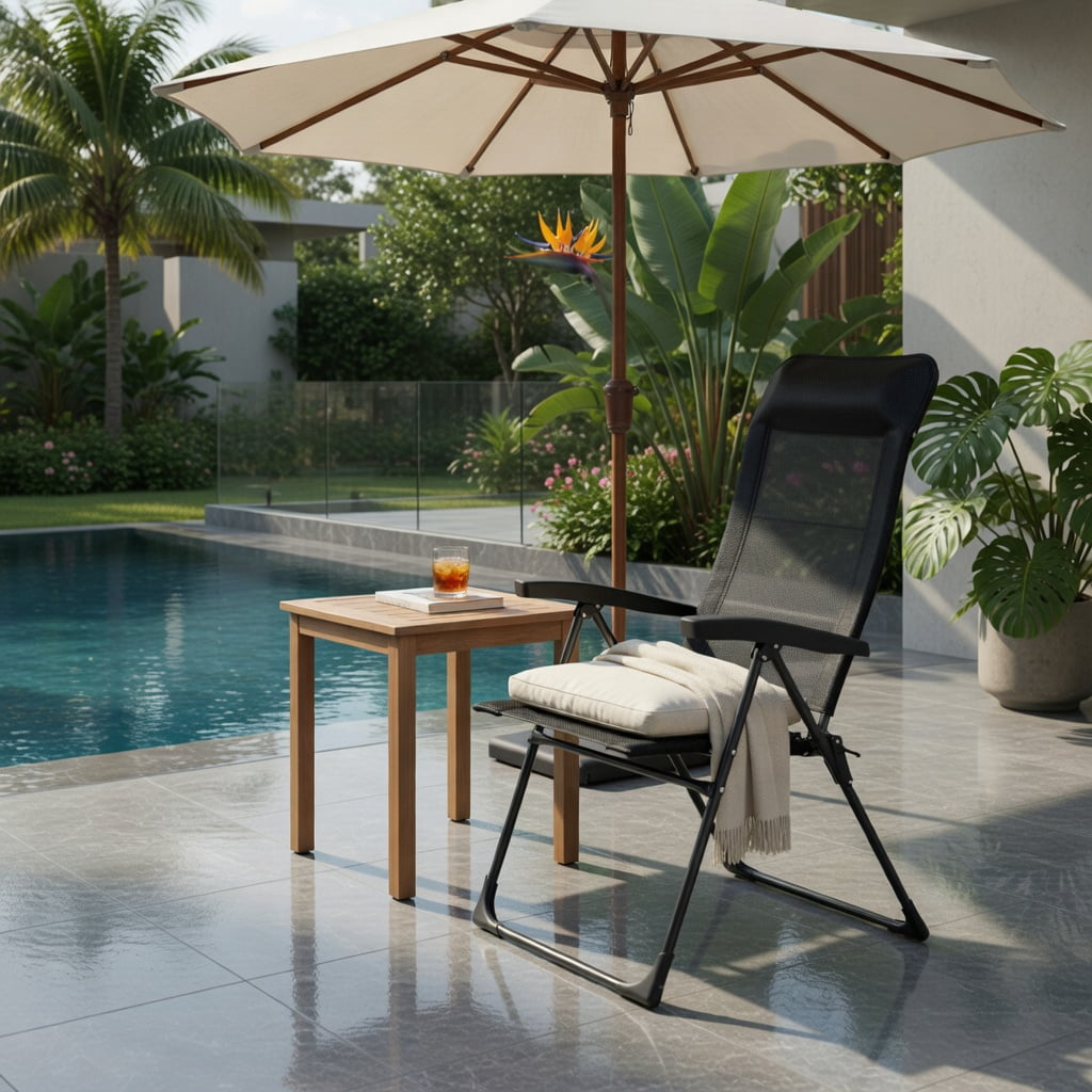 Hommoo 2-Pack Foldable Outdoor Dining Chairs with Adjustable Headrest & Reinforced Iron Frame, Portable Patio, Camping, Deck, and Poolside Seating, Black