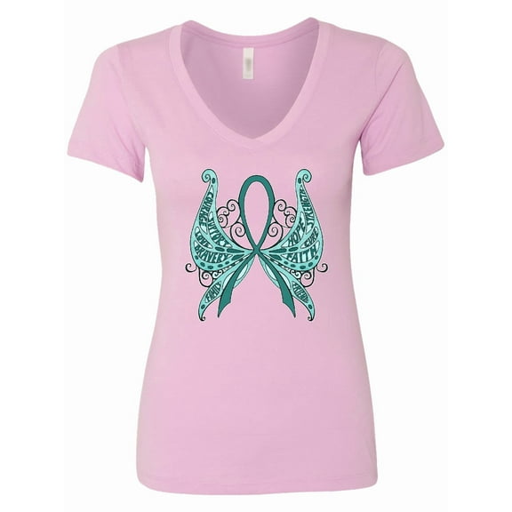 Inktastic Ovarian Cancer Awareness with Butterfly Ribbon Words Women's V-Neck T-Shirt