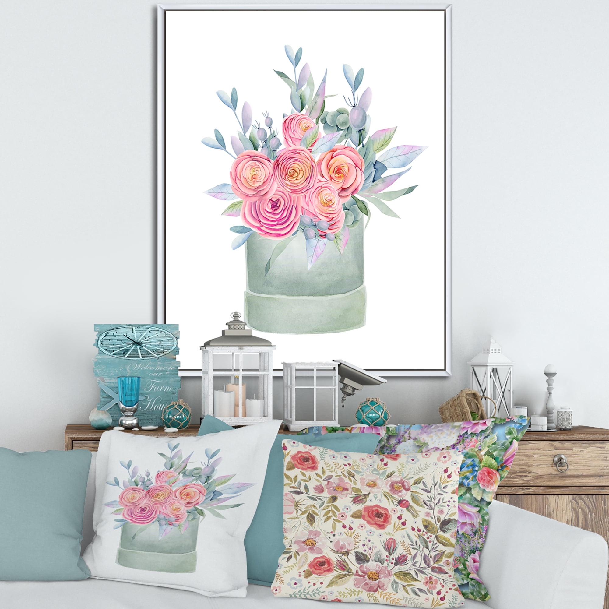 Designart 'Pink Roses With Gift Box' Farmhouse Framed Canvas Wall Art Print