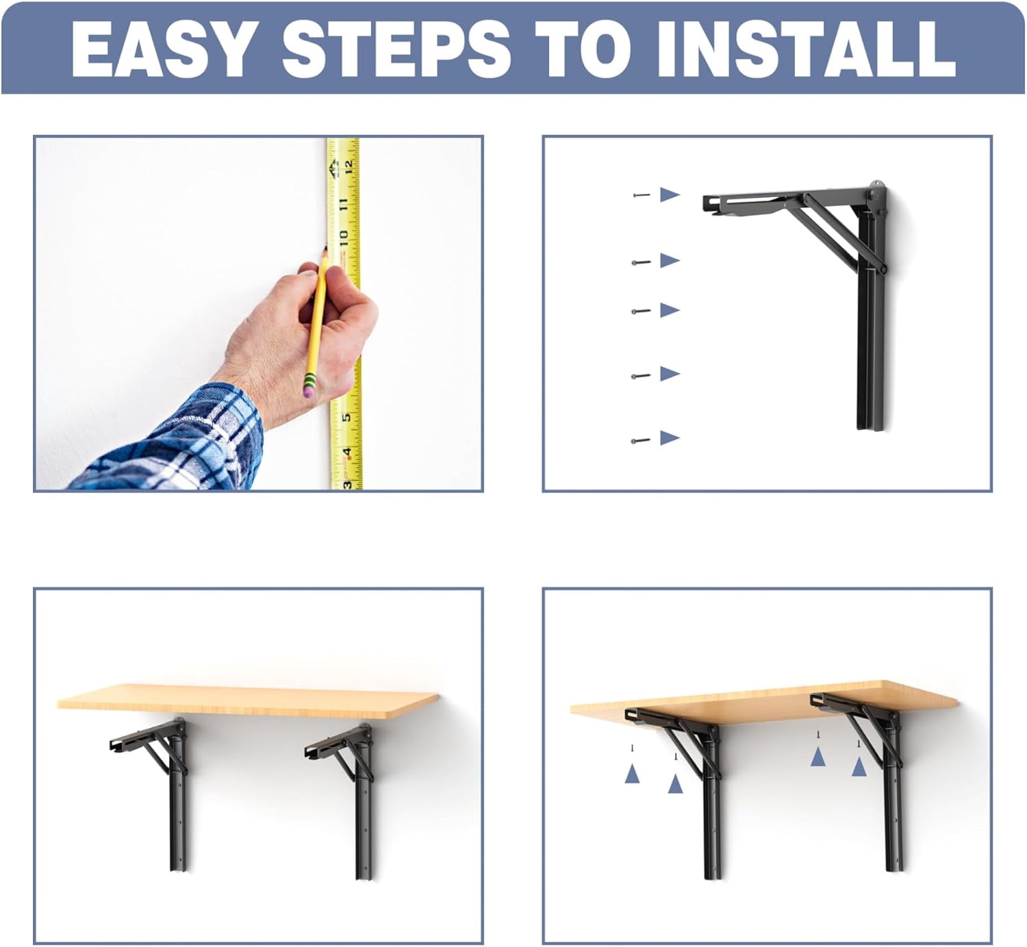 Heavy Duty 18" Folding Shelf Brackets, Wall-Mounted Collapsible Brackets for Workbench/Table, 550 lbs Capacity, Space-Saving Hinges for Garage, Kitchen, Laundry(No Board)