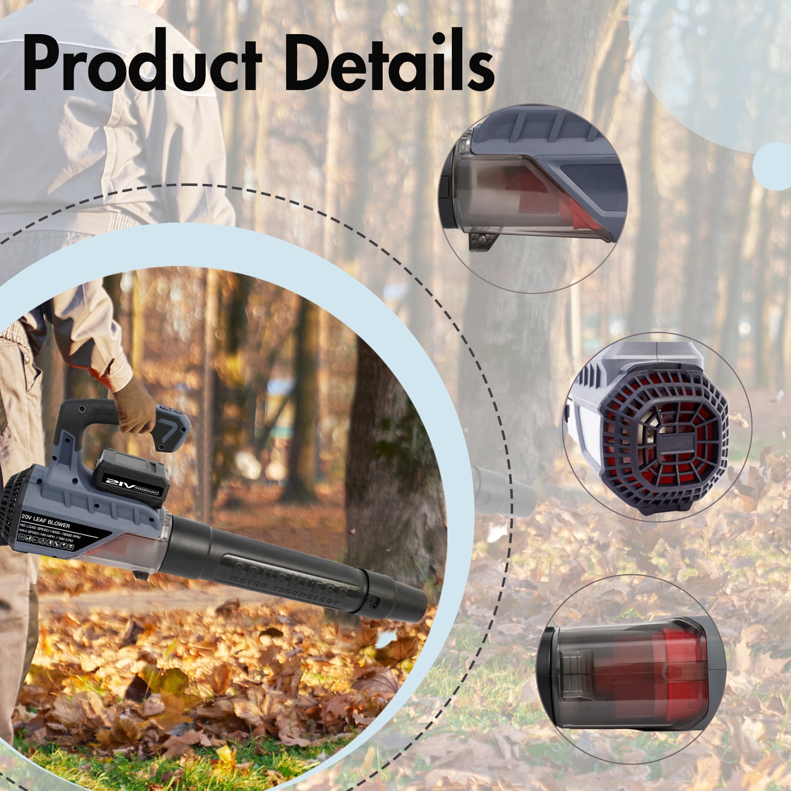 Brushless Cordless Leaf Blower 21V, 180MPH 374CFM, Lightweight Outdoor Blower for Yard Cleaning
