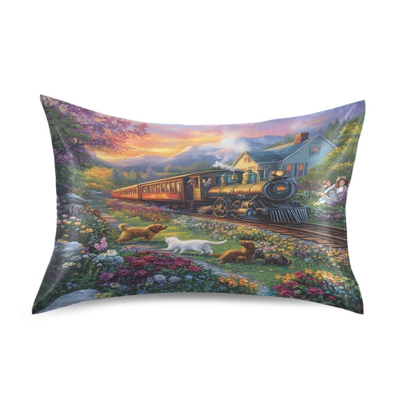 Haosy Satin Pillowcase for Hair and Skin Standard Cooling Silk Pillow Case with Envelope Closure Train Dog Flower 20"x26"