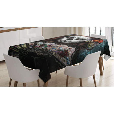 Day Of The Dead Decor Tablecloth, Make up Artist Girl with Dead Skull Scary Mask Roses Print, Rectangular Table Cover for Dining Room Kitchen, 52 X 70 Inches, Cadet Blue Maroon, by Ambesonne
