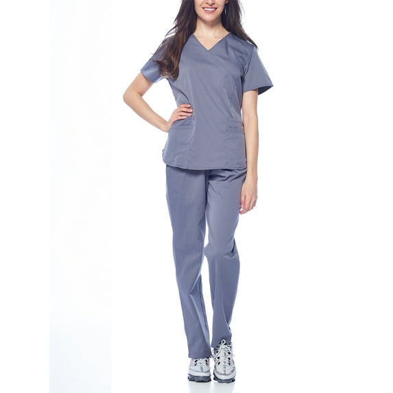 Dagacci Medical Uniform Women's Fitted Y Neck Natural Stretch Scrub Set (Pewter Gray,XXS)