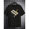 thumbnail image 2 of Camiseta con estampado de casete retro para hombre: cuello redondo informal, mezcla de poliéster y elastano, ligeramente elástica, tejido de punto de verano para adultos, hombres, mujeres, adolescente, 2 of 6