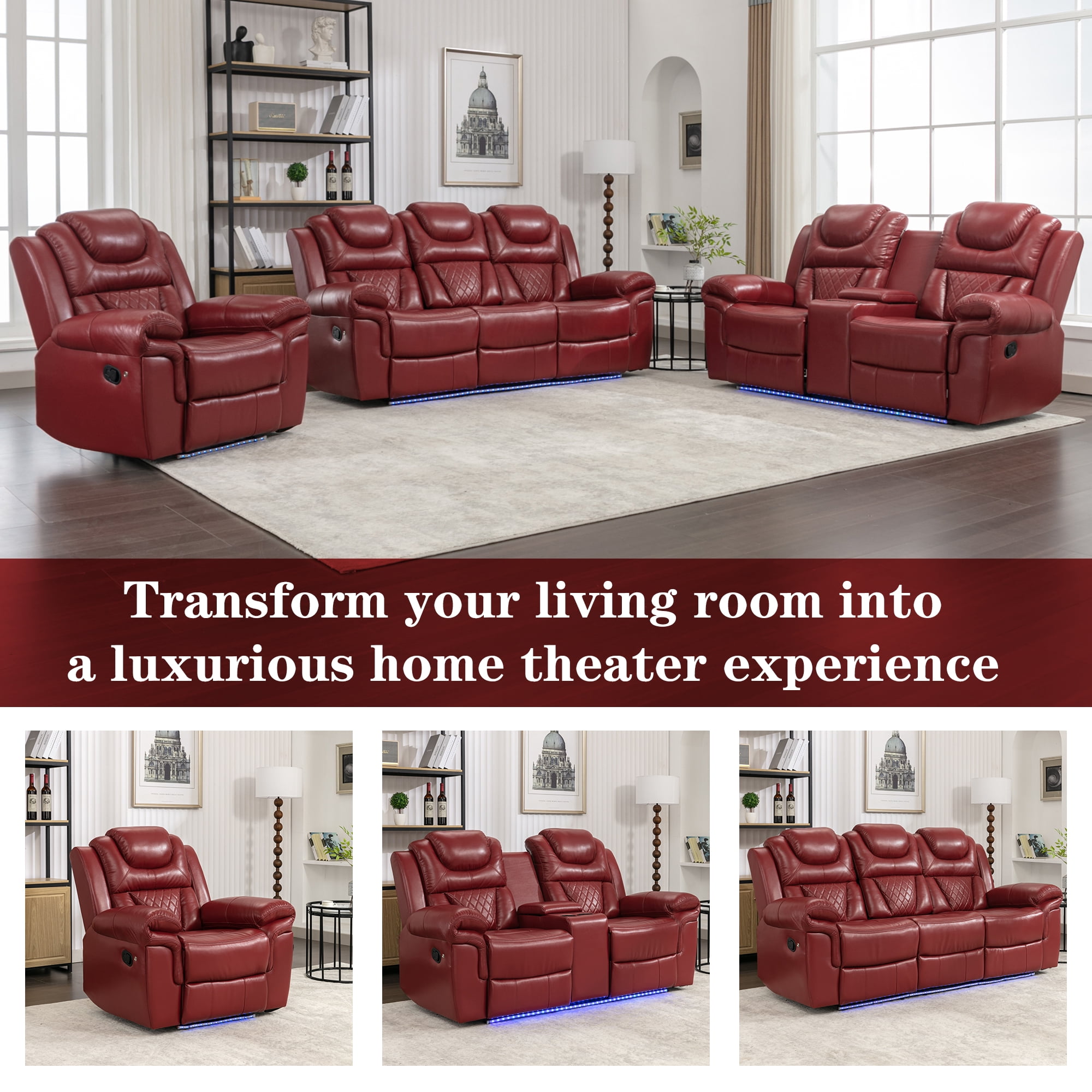 Euroco Home Theater Seating Manual Recliner Chair with LED Light Strip for Living Room,Bedroom, Wine Red