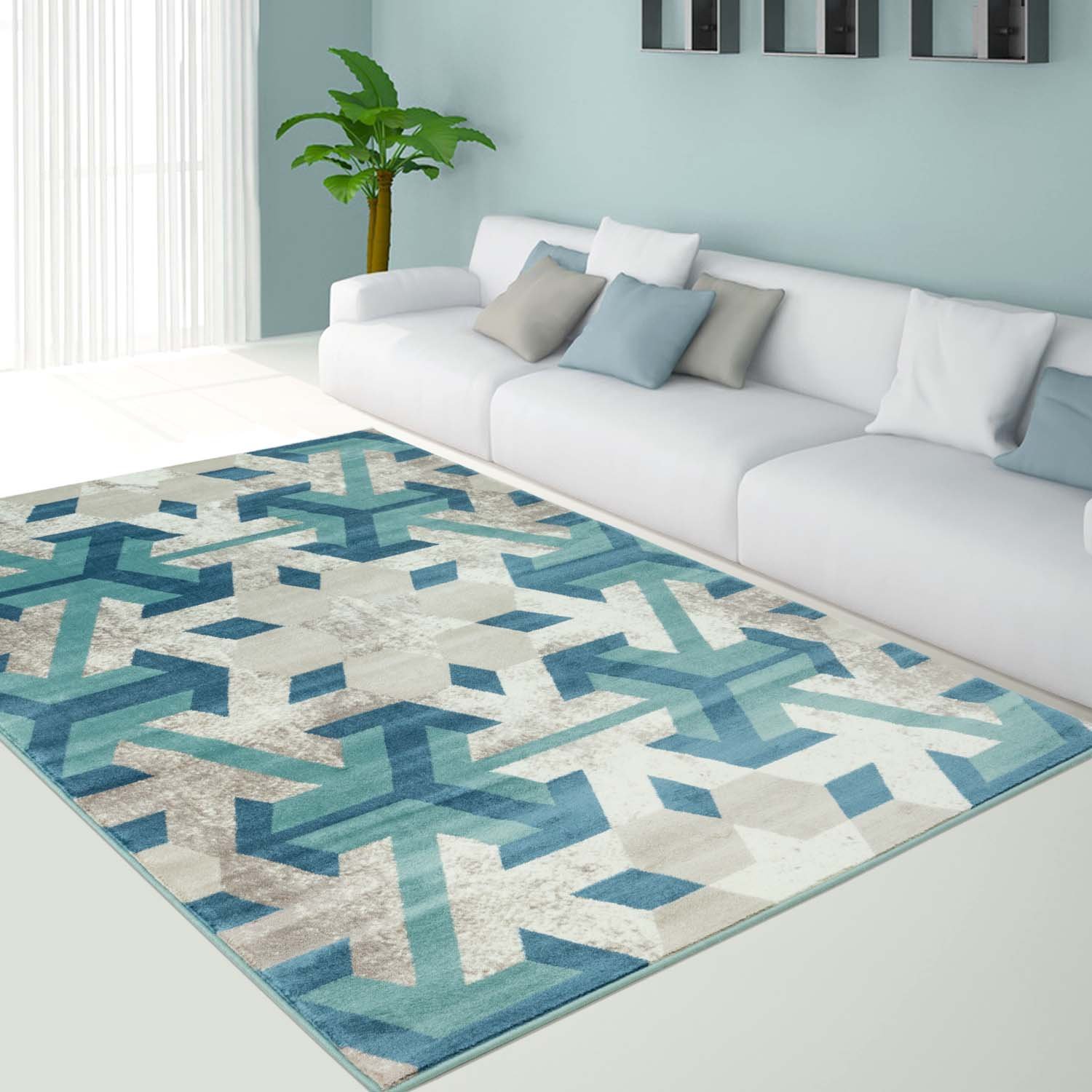 Ladole Rugs Irish Snowflake Pattern Area Rug Carpet in Blue Aqua Beige
