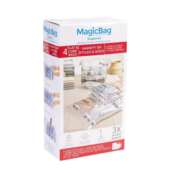 MagicBag Variety Pack Vacuum Storage Bags, 4 Pack Flat & Cube Compression Bags for Clothing & Bedding, Space Saving & Airtight