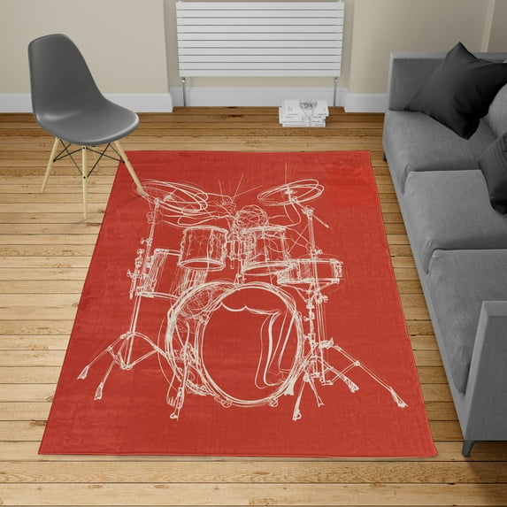 Rock Music Turkish Area Rug, Doodle Drawing Sketch Drummer Musical Inspirations Monochrome Arrangement, Soft Carpet for Living Room Decor with Distressed Look, 4' X 5.7', Ruby Dust, by Ambesonne
