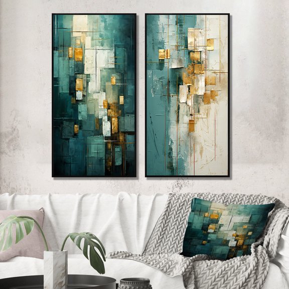 Designart "California Dreaming Retro Abstract in Gold and Teal I" Abstract Painting Framed Wall Art Set Of 2 - Modern Gold Frame Gallery Set For Office Decor