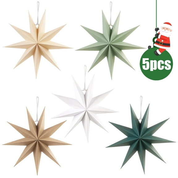 Christmas Sage Green 9-Pointed 12" Paper Star Lanterns Hanging Decorations for Home Party Wedding Holiday Décor 5-Pack