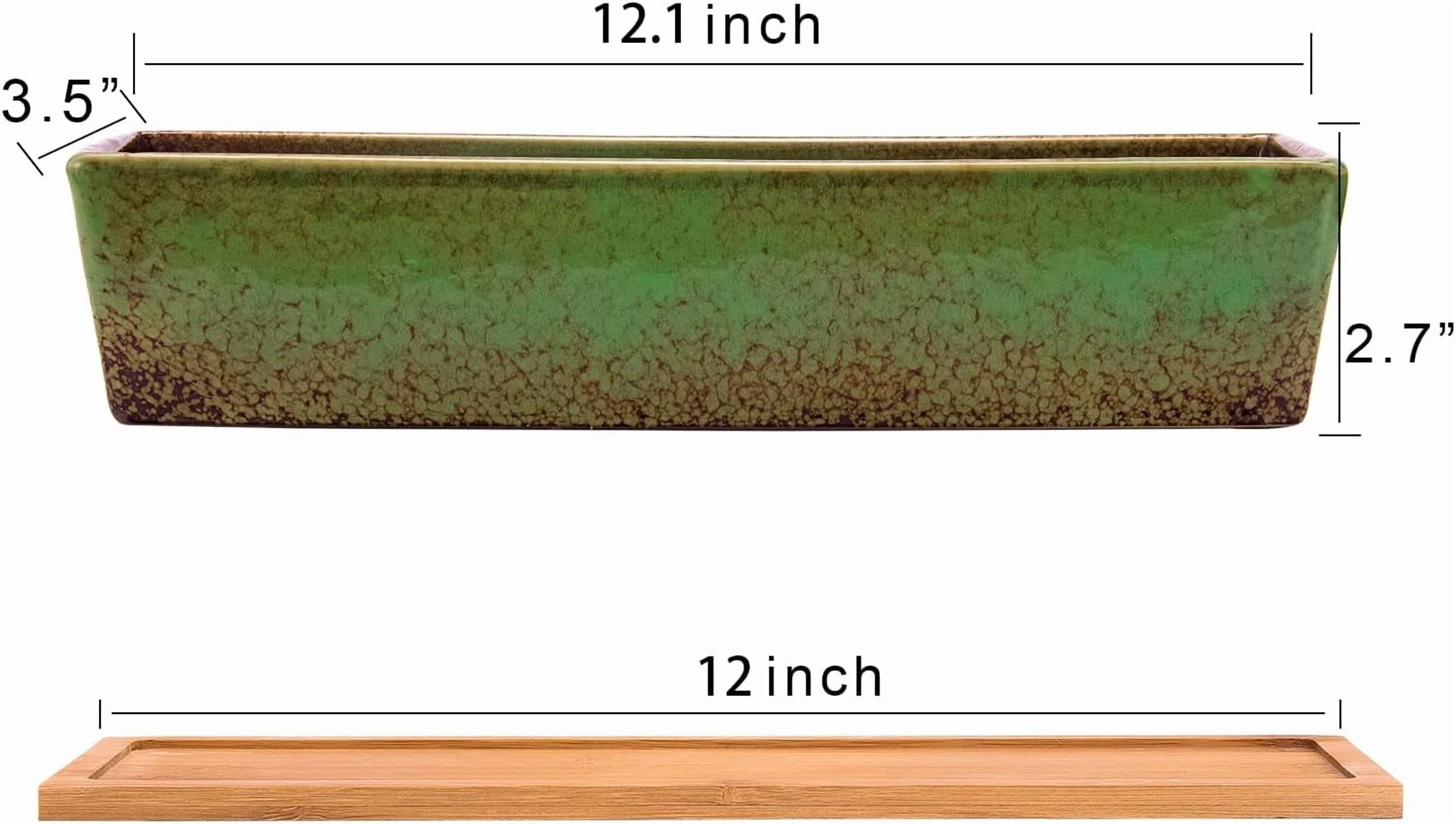 12.1 Inch Large Succulent Planters Pots with Drainage Tray, Long Rectangle Ceramic for Indoor Cactus/Succulent Plants Shallow Bonsai Window Box Home Garden Decor (Green)