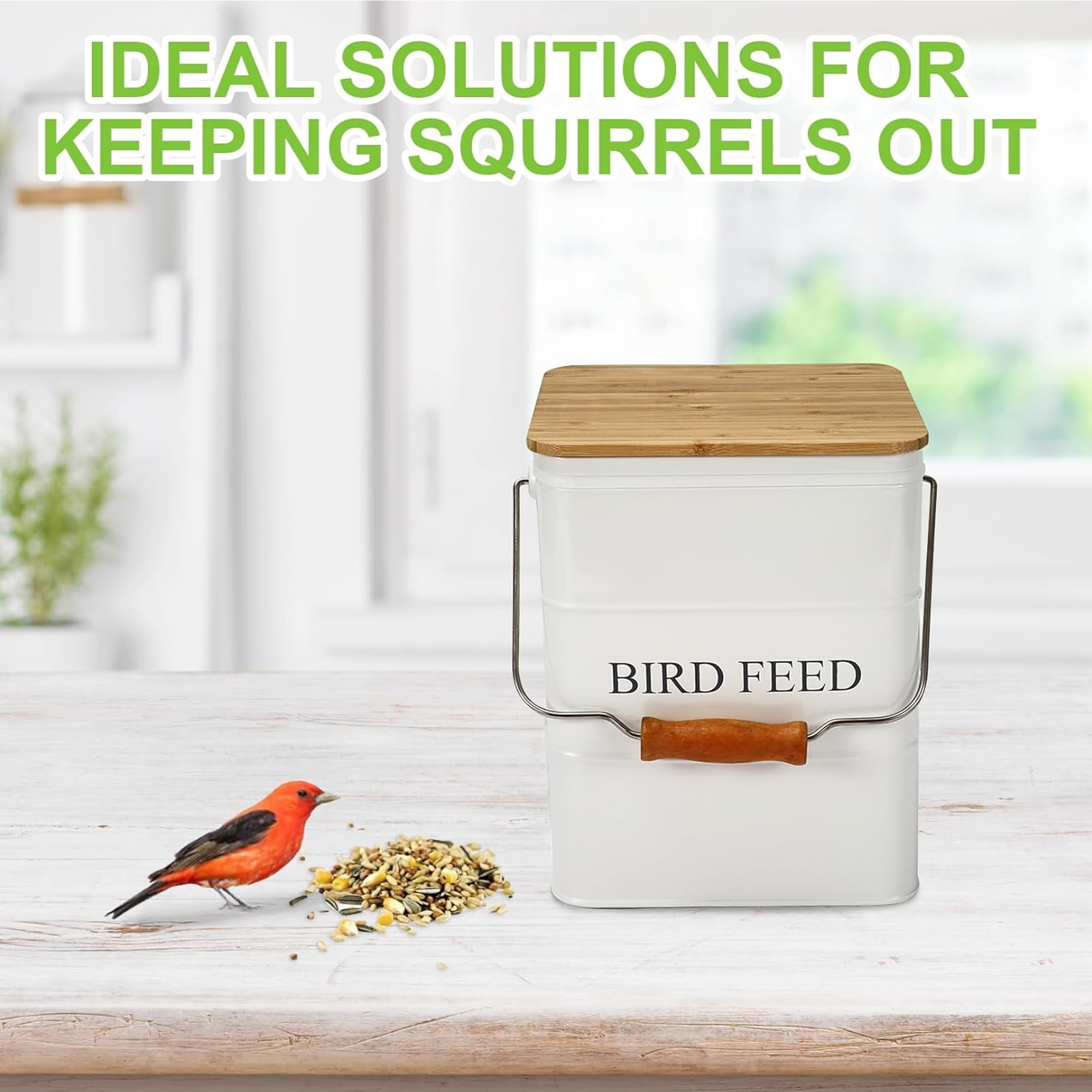 Brabtod Seed Storage Container & Pet Food Storage Container Airtight Metal Food Tin with Wooden Lid, Handle & Scoop, Holds 5-6 lbs, Ideal for Bird Seed, Dog & Cat Food Storage