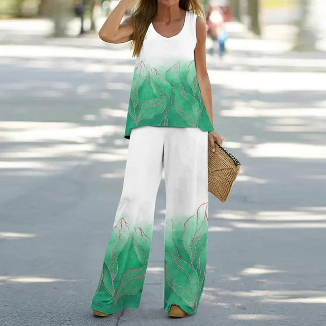 jovatis Ensembles Courts pour Femmes 2 Pcs Ensembles d'Été Amples Assortis Tenues Imprimées Col Rond Débardeur Sans Manches Hauts et Pantalons Longs Survêtements