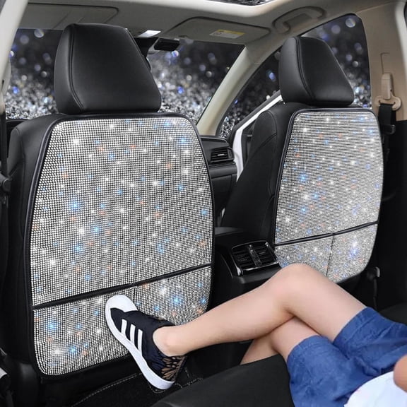 MRY Bling Crystal Car Seat Back Kick Protectors with Storage, Sparkly Diamond Kick Mats, Universal Seat Protector for SUV, Crystal Auto Accessories for Women, White, 2 Pcs
