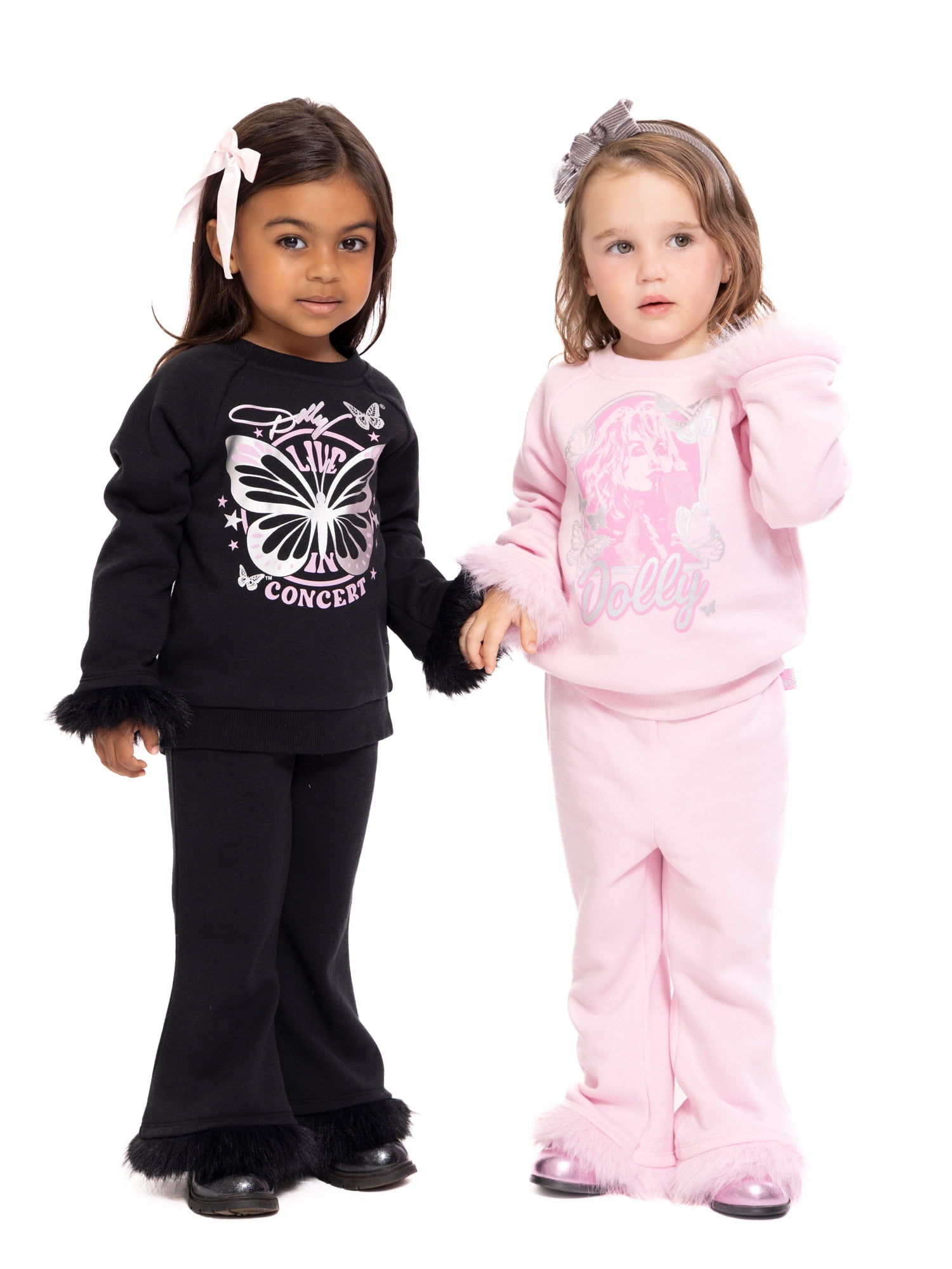 Dolly Parton Baby and Toddler Girls Faux Fur Trim Graphic Sweatshirt and Flare Pants Set, 2-Piece, Sizes 12M-5T