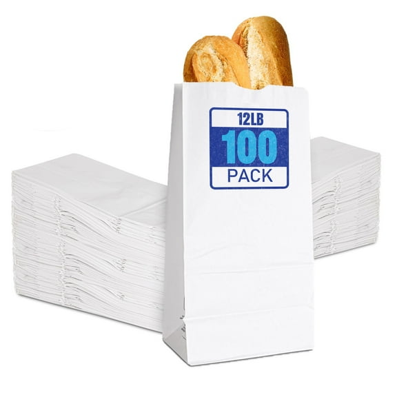 Stock Your Home 12 Lb White Paper Bags (100 Count) - Eco Friendly White Lunch Bags - White Paper Bags for Packing Lunch & Snacks - Blank White Lunch Bags Paper for Arts & Crafts Projects
