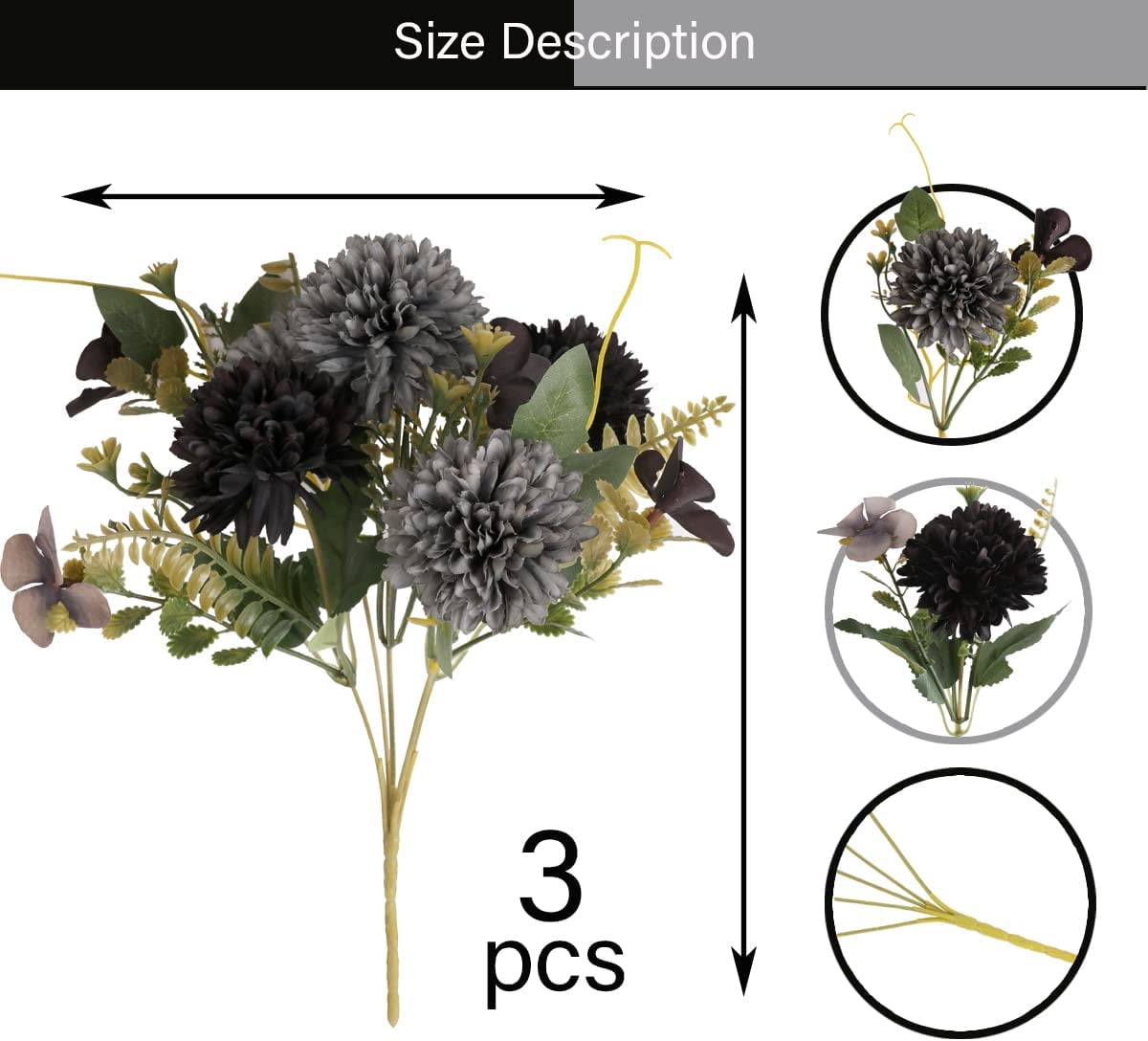 Artificial Chrysanthemum Ball Flowers - 3pcs Realistic Silk Flower with Stems&Leaves for Wedding, Party, House Decoration, Table Centerpieces Flowers (Black, Gray)