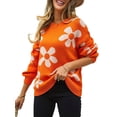 thumbnail image 3 of Women'S Sweater Fall Long Sleeve Crewneck Tops Knit Oversized Pullover Casual Print Tops Orange L, 3 of 9
