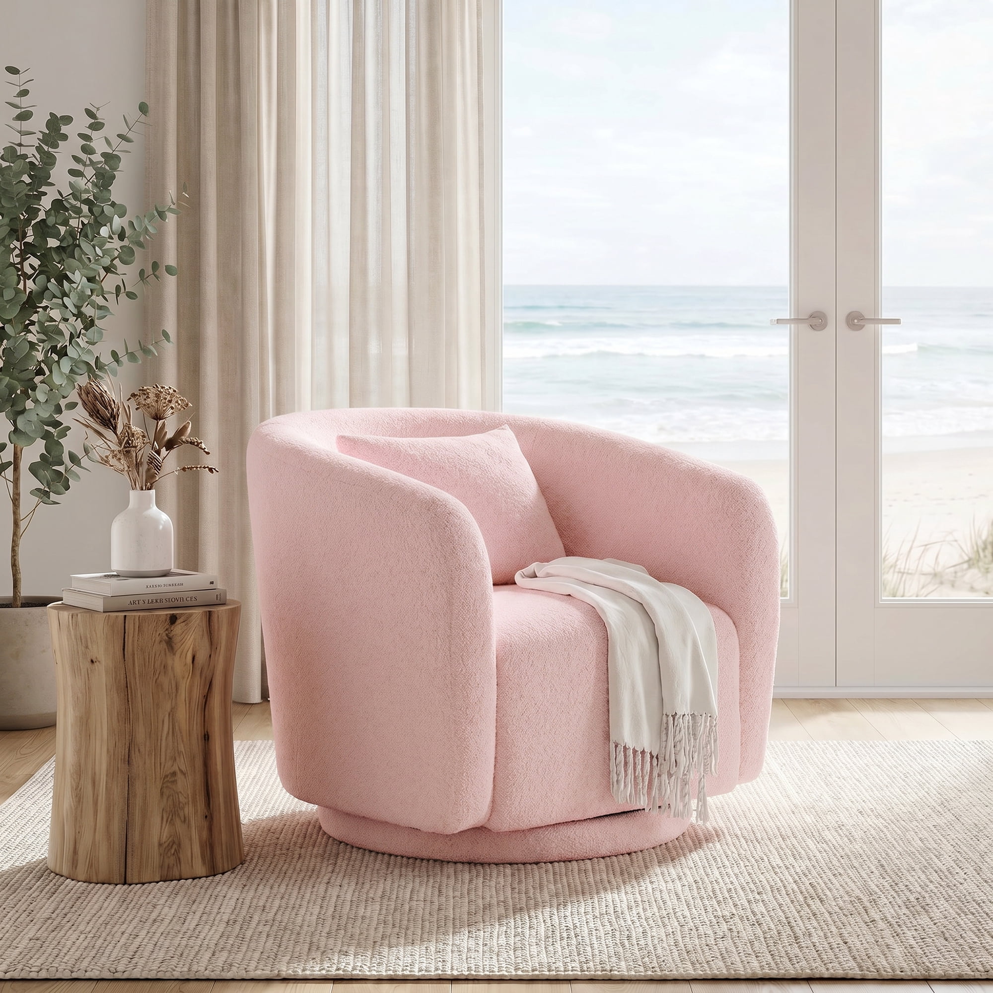 MAYEERTY 31.1" Pink Boucle 360° Swivel Barrel Chair,350LBS Wood Frame Accent Chair with Pillow for Living Room Bedroom Office
