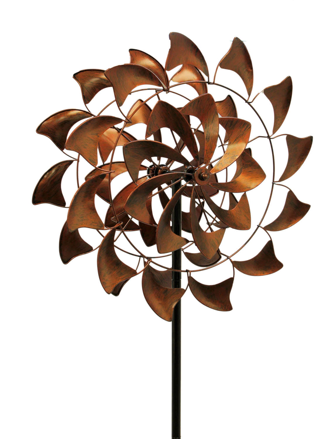 Ovals Bronze Finish Metal Flower Double Spinner Wind Sculpture Garden Stake 