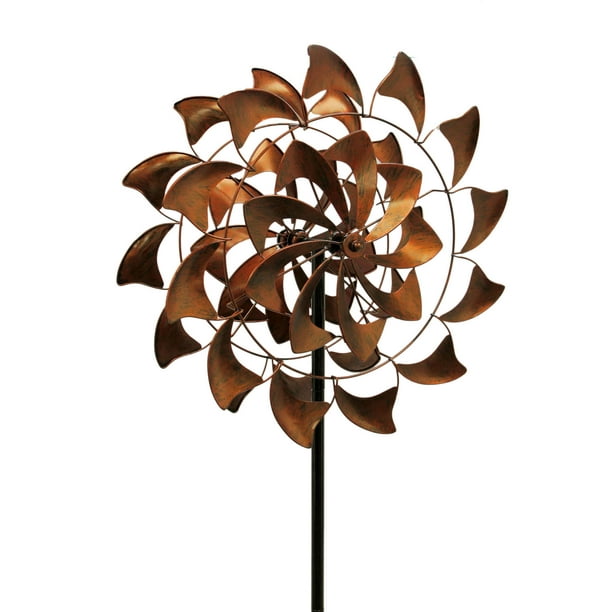 Antique Bronze Finish Metal Art Flower, Wind Spinners For The Garden