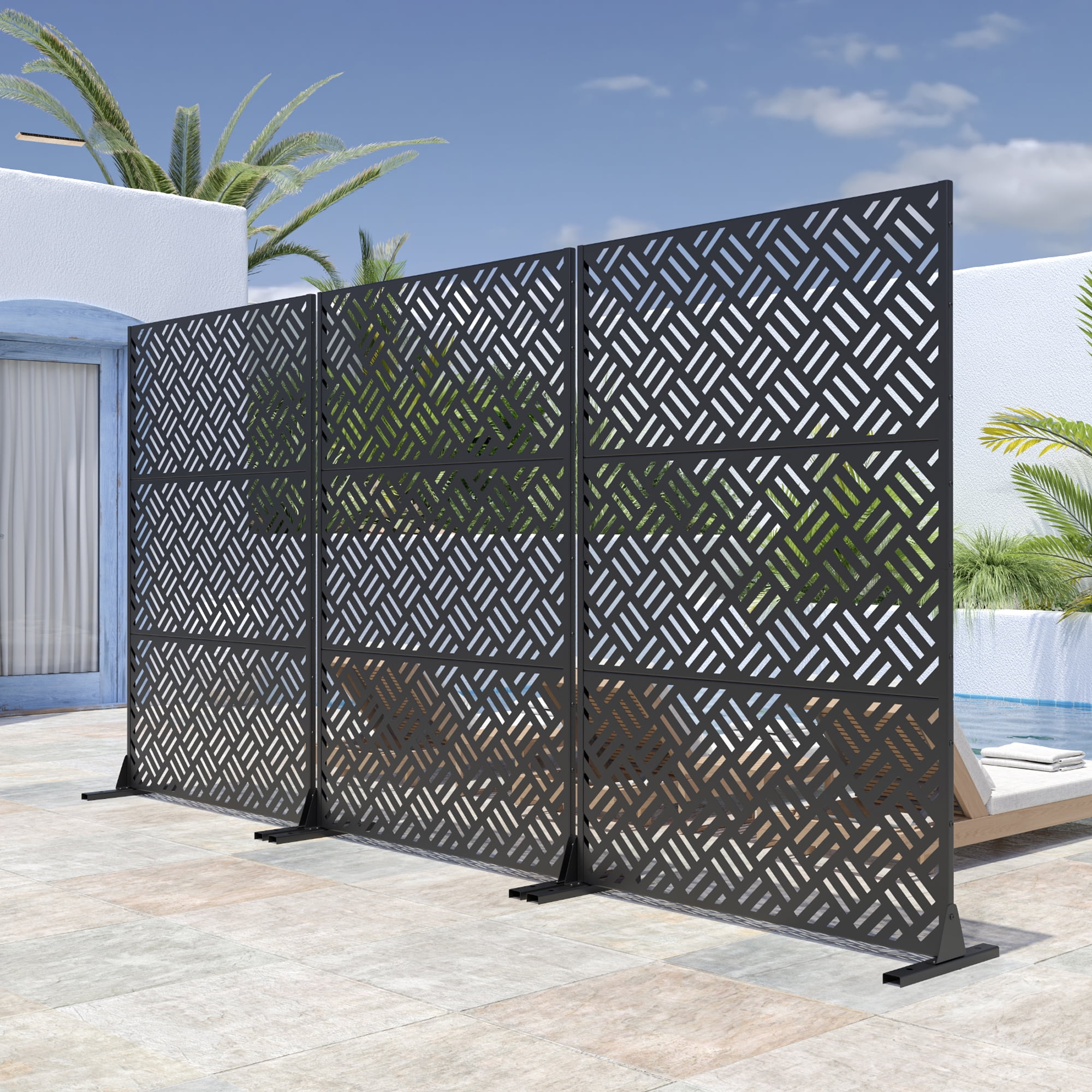 MAYEERTY 72"x47" Outdoor Privacy Screen with Stand Carl Metal Balcony Decorative Screen,Black