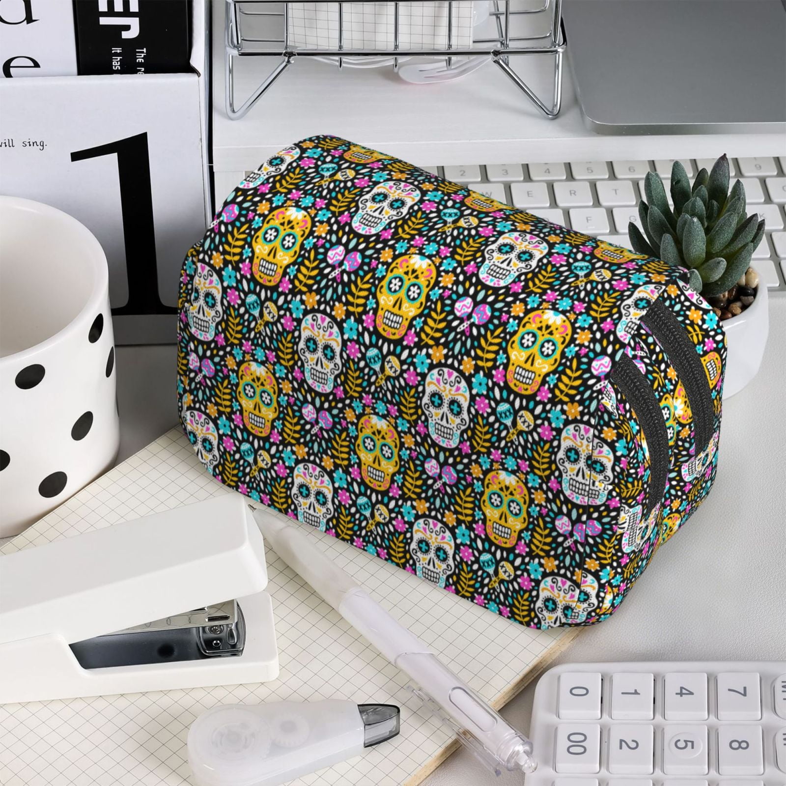 Rateoe Sugar Skulls Pattern Double Clamshell Pen Case, Storage Organizer with Two Zipper Compartments– Holds Up to 50 Pencils & Pens