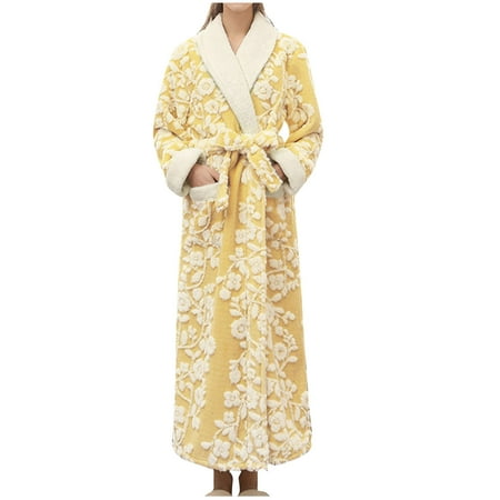 Nrmvnmi Women s Sherpa Fleece Robe Long Warm Plush Luxury Bathrobe Fuzzy House Coat Jacquard Pattern Yellow 3XL
