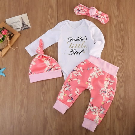 

4Pcs Newborn Kids Baby Girls Romper Pants Leggings Hat Outfits Clothes Floral