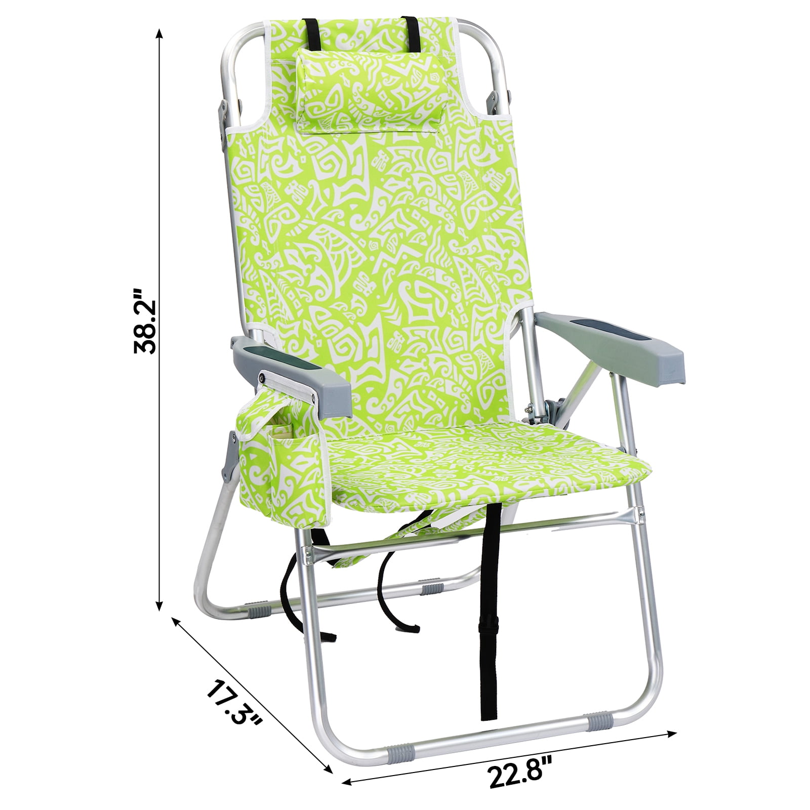 Folding Beach Chair 5-Position Adjustable Backrest Lay Flat Higher Seat Portable Outdoor Chair with Storage Pockets Cup Holder Lightweight Aluminum Frame