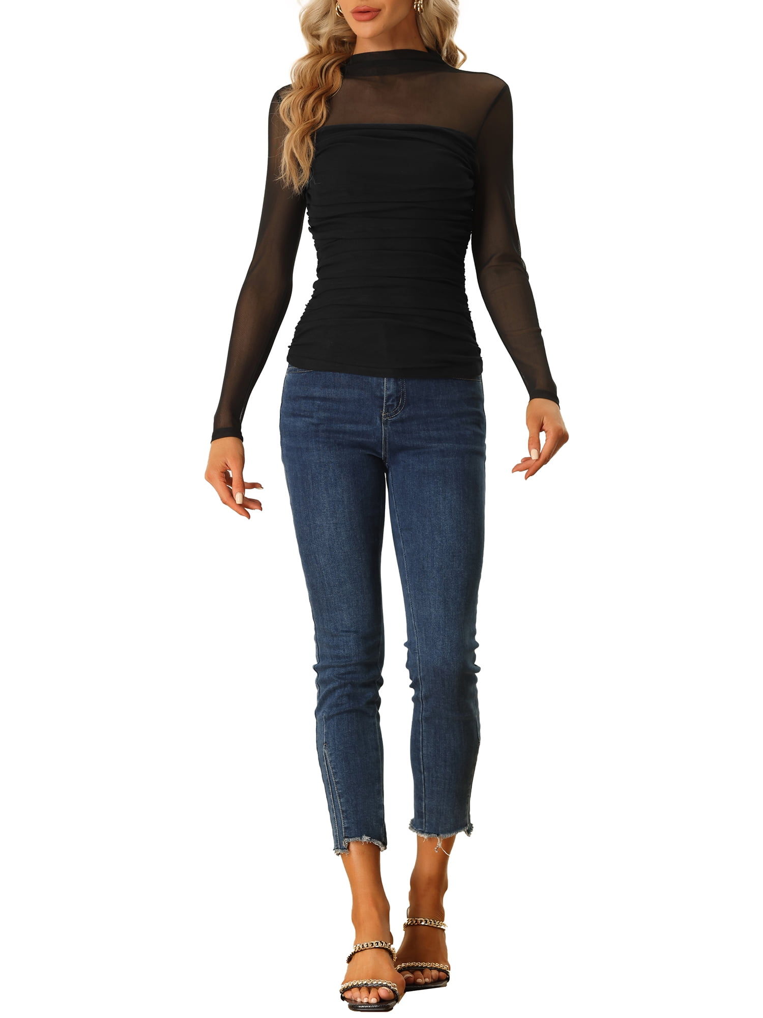 Allegra K Mesh Top for Women's Solid Long Sleeve Mock Neck