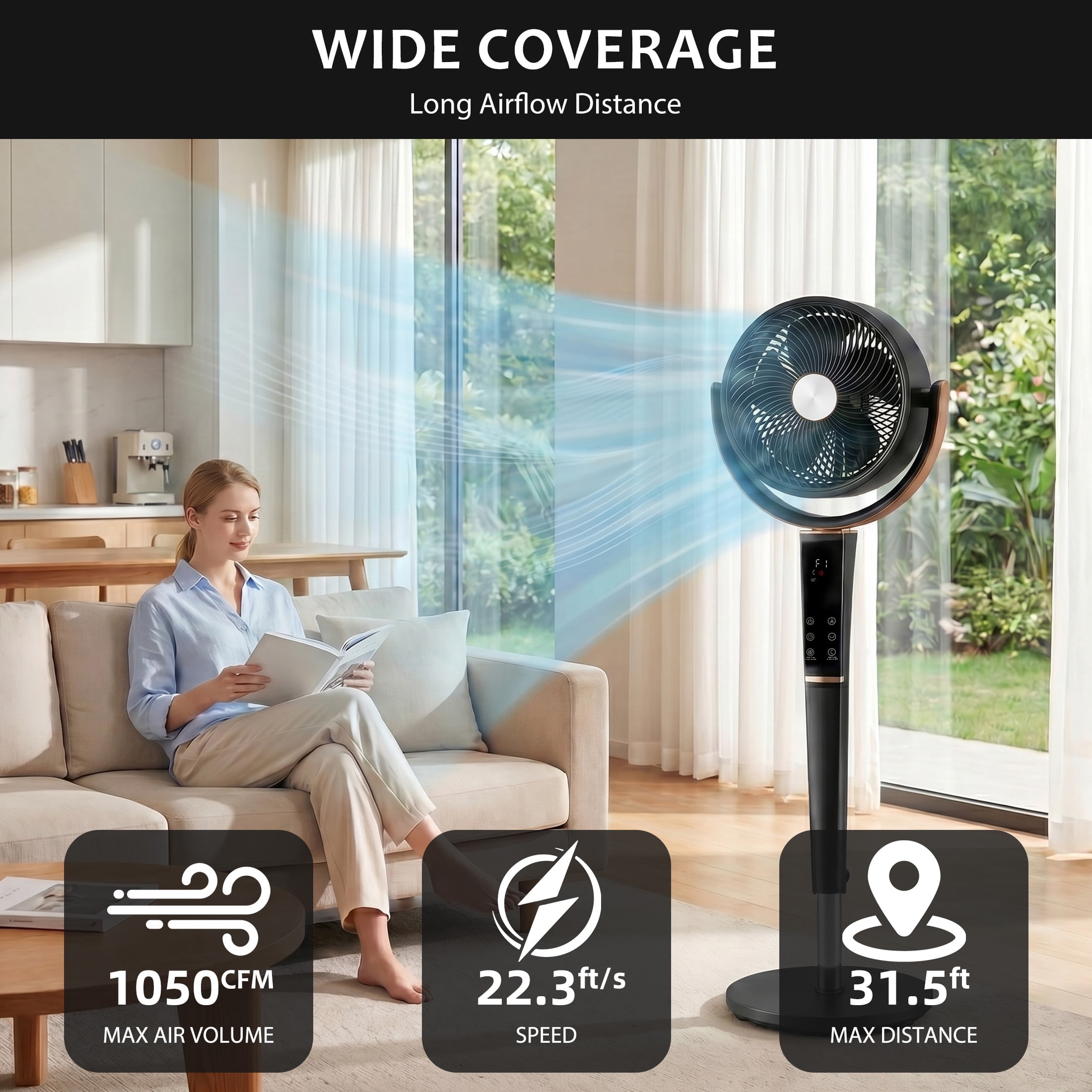 EDX Bedroom Pedestal Fan, Quiet 20dB DC Air Circulator, 15 Speeds 5 Modes, 120° Oscillation, 12H Timer, 1050CFM Airflow, 37-45" Adjustable Height, LED Light, Standing Fan with Remote, Black