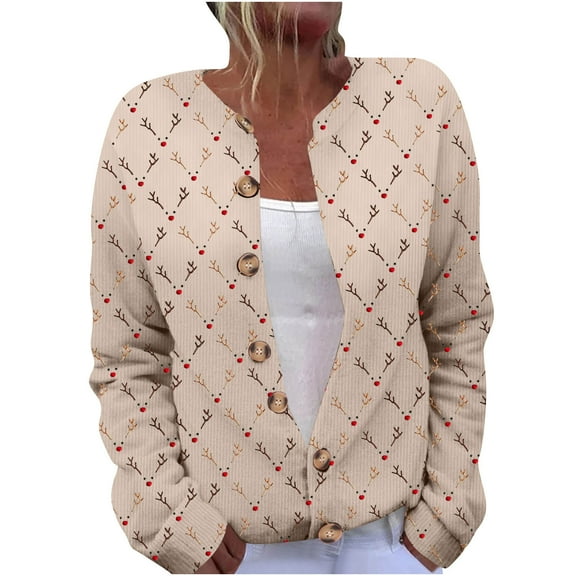 Hueook Womens Winter Coat Women's Merry Christmas Cardigan Long Sleeve Hollowed Out Print Casual Jacket Beige S